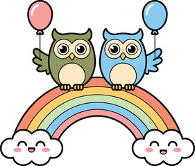 Fototapeta premium Cute cartoon owls couple sitting on a rainbow holding balloons above happy smiling clouds illustration