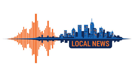 Fototapeta premium Local News Broadcast Concept Vector with Cityscape Skyline and Audio Sound Waveform for Radio, Podcast, and Media