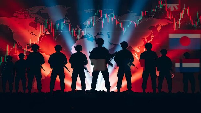 Silhouette of soldiers against global map with financial stock chart. Economic war and military conflict concept. Soldiers representing international geopolitical crisis.
