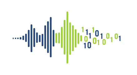 Obraz premium Digital Sound Wave Conversion to Binary Code Data Visualization, Audio Signal Processing and Voice AI Technology Icon