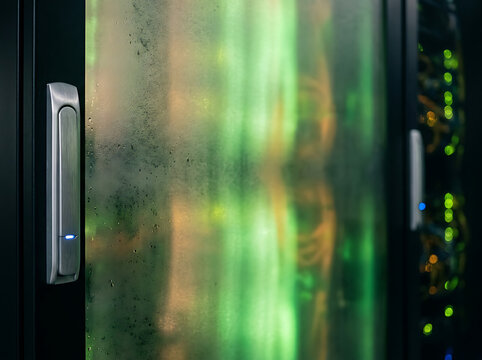 Frosted glass server rack door in modern data center hosting server room with glowing green indicator lights