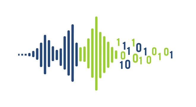 Digital Sound Wave Conversion to Binary Code Data Visualization, Audio Signal Processing and Voice AI Technology Icon