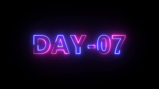 Day 7 text neon animation on black background . 7 Day To Go glowing neon Animation.