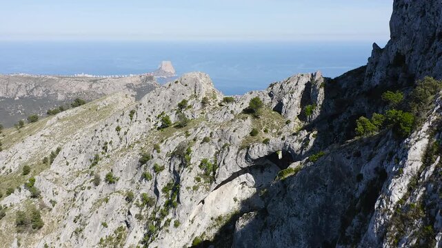 Aerial view of the summits of Sierra de Bernia, that extends approximately 11 km from west to east, perpendicular to the Mediterranean coast, Spain. 