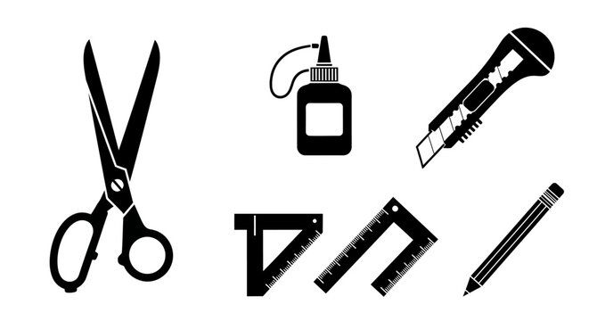 School supplies icons stationery with supplies including scissors pencil sharpener pencil black white icons education rulers office tools with glue