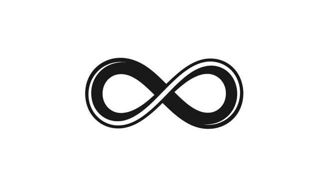 Black infinity symbol with white highlights on white background with highlights set against stylized black mathematical minimalist abstract with design