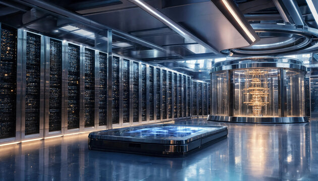 Modern data center hallway with quantum processor core and server racks datacenter computer technology infrastructure computing mainframe electronic hardware connectivity information