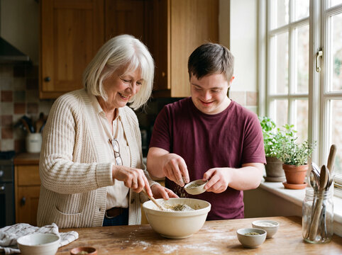 Grandmother and young man with Down syndrome preparing homemade dough together in the kitchen, sharing joyful moments and building everyday life skills