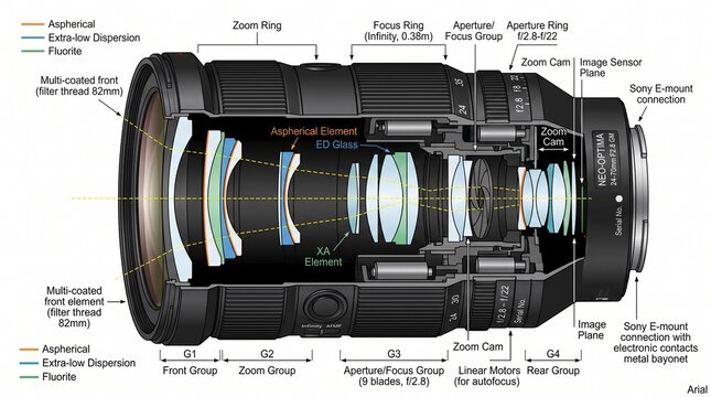 Technical Cross-Section Diagram of Professional Camera Lens Internal Optics and Mechanism