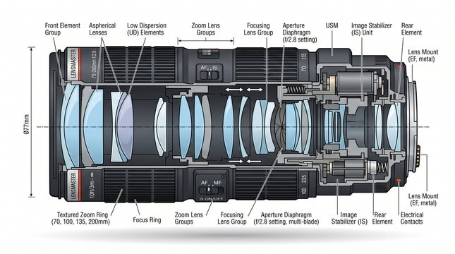 Technical Illustration of a Camera Telephoto Lens Cutaway Showing Internal Optical Elements and Mechanical Components