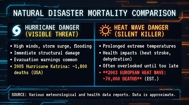 Infographic showing comparison between hurricane and heat wave danger with statistics of 70000 European deaths in 2003 heat wave, text-based data visualization on dark background.