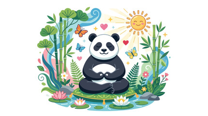 Cute panda meditating in bamboo forest with sun. © Hana