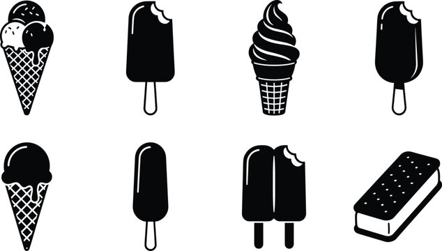Ice Cream and Summer Frozen Dessert Silhouette Icon Set Featuring Black Vector Graphics of Waffle Cones Popsicles Bars Sandwiches Soft Serve and Bitten Treats