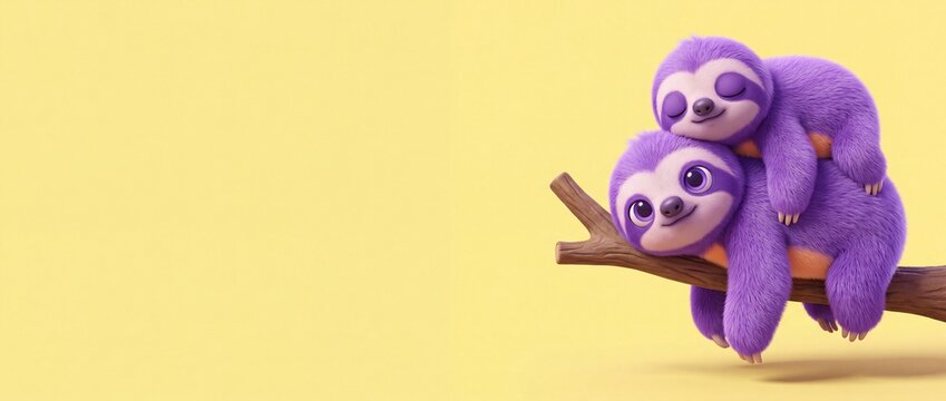 Cute purple sloth character illustration of two funny furry animal friends hugging on a tree branch with yellow background, adorable cartoon mascot design for baby card banner with copy space.