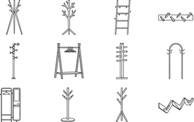 Naklejka premium Coat Rack Stand and Modern Hallway Furniture Line Icon Set Featuring Black Outline Vectors of Garment Racks Wall Hooks Hangers and Entryway Storage Organizers