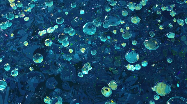 Macro view of glowing blue water droplets on a dark surface creating an abstract ethereal texture