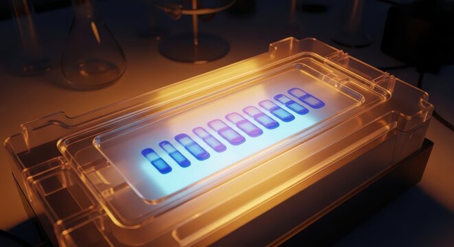 Gel Electrophoresis Apparatus with Labeled Samples in a Scientific Laboratory