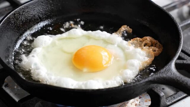 Perfectly cooked sunny side up egg sizzling in a clean frying pan on stove with oil, beautiful food close-up shot as civilized cooking contrast to extreme heat egg on asphalt.