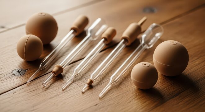 Glass Pasteur Pipettes with Rubber Bulbs on Wooden Surface