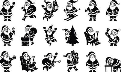 Obraz premium Christmas Santa vector bundle black and white illustrations of Santa in various festive poses