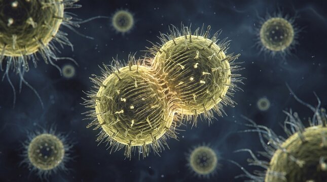 Bacterium cell division in microscopic view with dark background and dramatic lighting