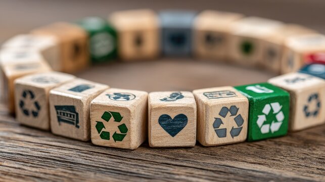 Curved wooden cube row with colorful eco icons.