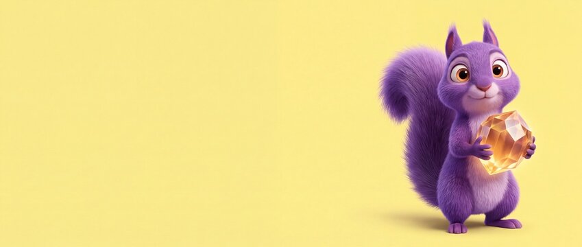 Purple squirrel cartoon holding gemstone on bright yellow background with copy space. 3D cute furry character standing with glowing gold crystal jewel banner for kids fantasy gaming design concept.