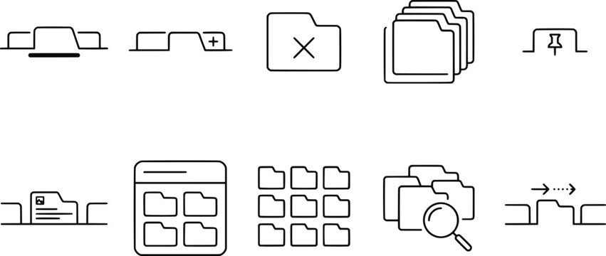 Browser tabs and folder management icons set, pinned tab, add tab, delete folder, grouped folders, search, navigation, document