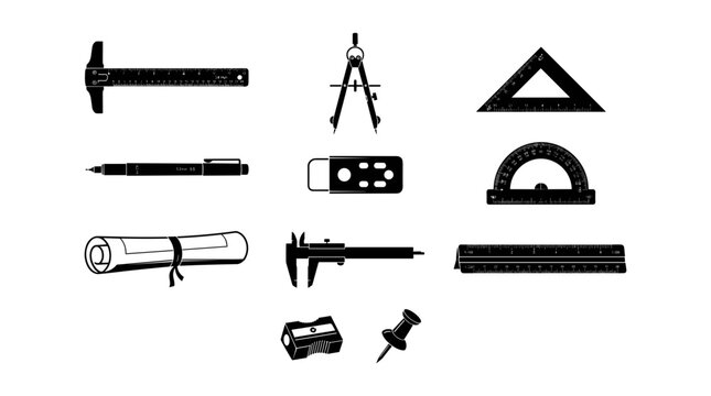 Ruler Set of Black and White Measuring Tools Icons with Protractor Compass Caliper and Goniometer for Design