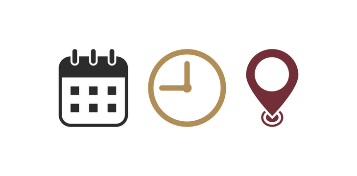 Date time location icon set. Calendar, clock, and location icons collection for Appointment Schedule, E commerce Delivery Tracking, and Event Booking concept