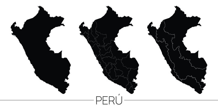 Peru political administrative map with regions vector, editable black silhouette cartography set