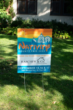 Yard sign for neighborhood school advertising a Nativity Country Fair a moneymaker and fundraiser. St Paul Minnesota MN USA