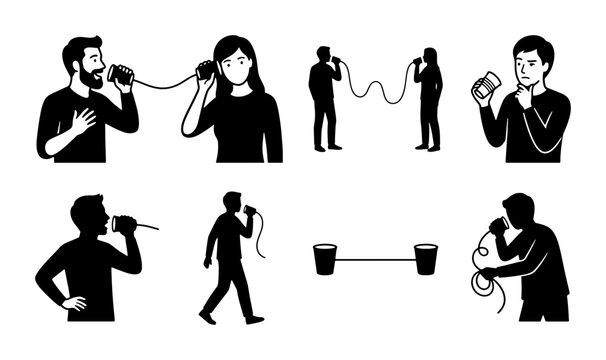 Communication Icons Set, Tin Can Phone Graphics, Connection Symbols, Conversation Vector Art