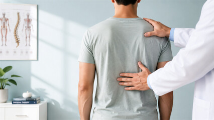 chiropractor examining back of male patient in office. Doctor touching shoulder and lower back of man to assess spine health. Professional medical consultation for musculoskeletal injury