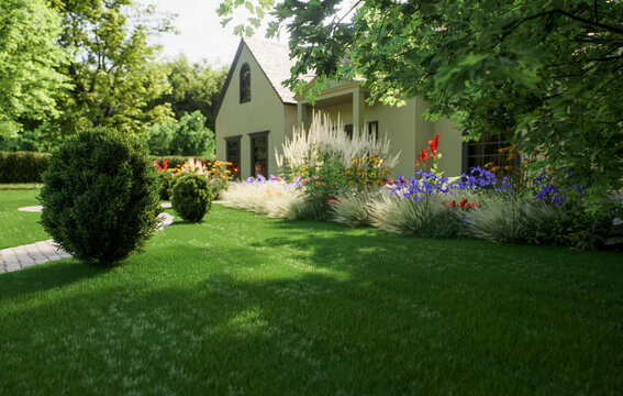 Beautiful cottage house with a blooming summer flower garden yard