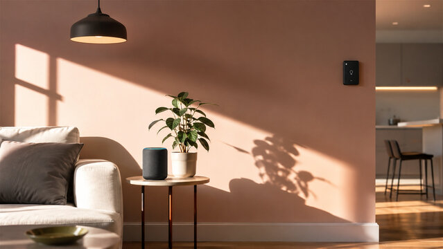 smart speaker on table with green plant in modern interior. Home automation control with voice assistant device. Wireless technology for residential living and connectivity concept