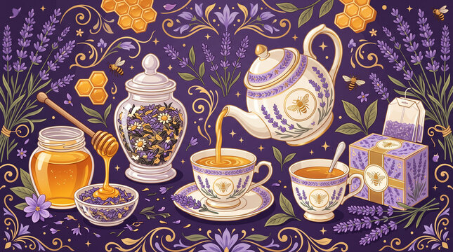 Vector illustration of Luxury Lavender Honey Teas Collection infused with blooming lavender flowers, golden honey streams, tea leaves, elegant floral decorative motifs, and premium tea branding.