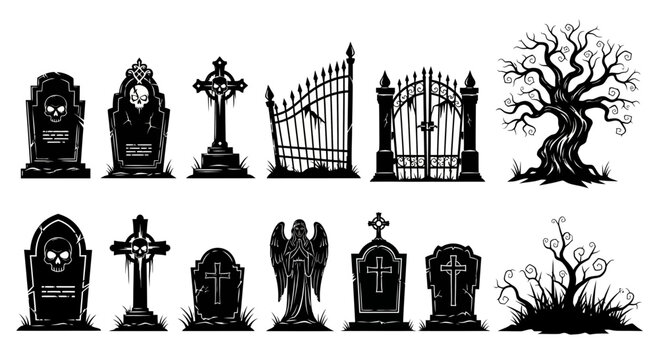 Gothic cemetery silhouette set with 12 vector elements, spooky graveyard tombstones and iron gates, creepy halloween graveyard icons with dead trees