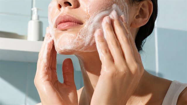 woman washing her face with foam cleanser. Skin care routine in a bathroom. Daily hygiene, cleansing treatment, and natural beauty. Facial rejuvenation for clean and healthy glow
