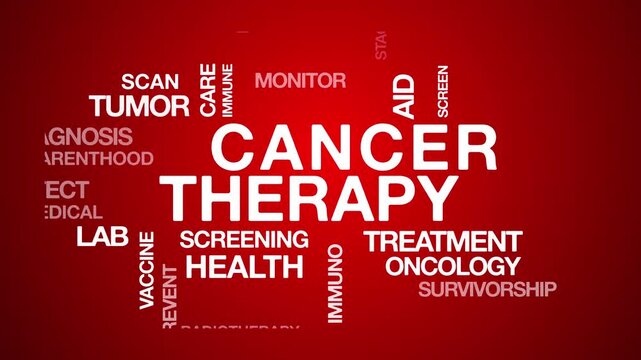 Cancer therapy concept Animated Tag Word Cloud kinetic typography, Text Design Animation typography seamless loop video motion graphics Intro Wordart arrangement red background bg backdrop