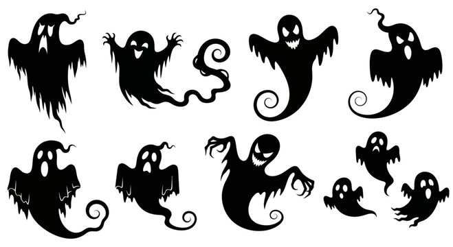 Spooky Halloween ghost silhouettes set, black flying phantom characters vector, creepy spirit and ghoul collection for holiday party decor