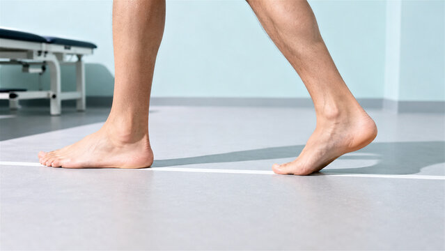 man walking barefoot on floor line in physical therapy clinic. Patient performing gait balance exercise during rehabilitation session. Medical treatment concept for leg injury recovery