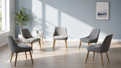 Obraz premium grey chairs arranged in a circle for a group meeting in a modern room. Concept of counseling, therapy session or business discussion in a minimalist interior with wooden floor