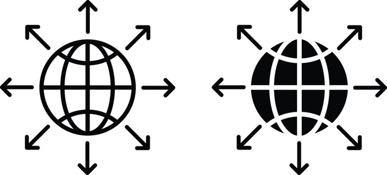 World expansion icon set. Globe Earth with Outward Arrows Icon Set. Global Distribution, World Export Logistics, and Business Expansion Symbols in Outline and Solid Filled Styles