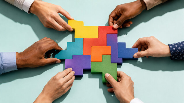 diverse group of men and woman connecting colorful puzzle blocks together. Teamwork, cooperation and problem solving concept. Successful business collaboration and strategy development