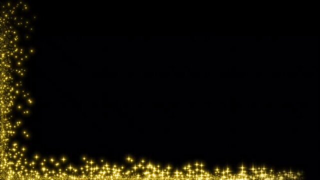 Shimmering gold stars frame animation with black background on elegant glitter trail border effect, elegant glitter trail border effect, Magical golden glitter trail sparkles animation. 4k video