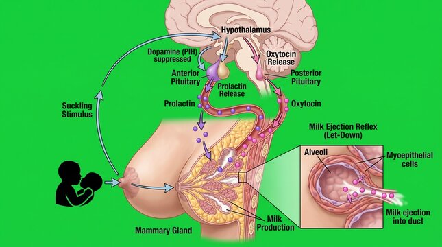 Educational Diagram Showing Human Breastfeeding and Hormonal Regulation Process