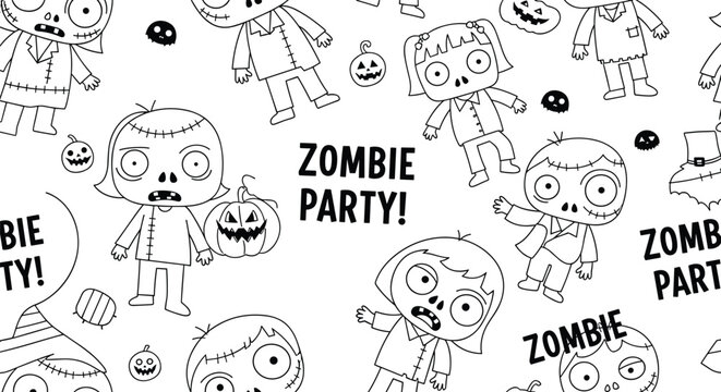 Spooky halloween zombie party seamless pattern design for coloring book page featuring funny cartoon child monsters.