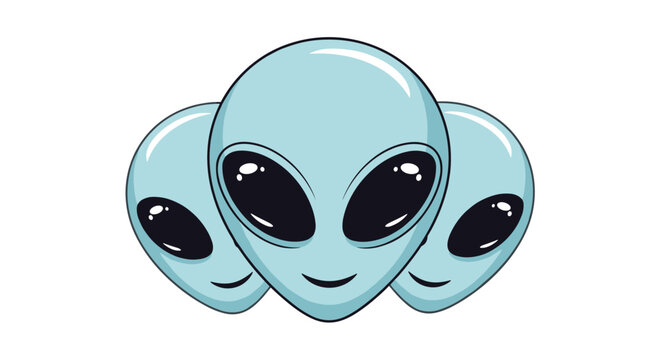 Trio of friendly teal alien cartoon heads with large black eyes smiling happily together on a clean white background.