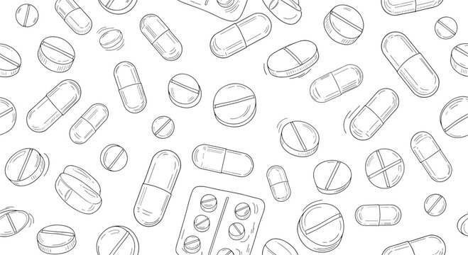 Medical pills, tablets, and capsules seamless pattern design in black and white hand drawn sketch style over white background.